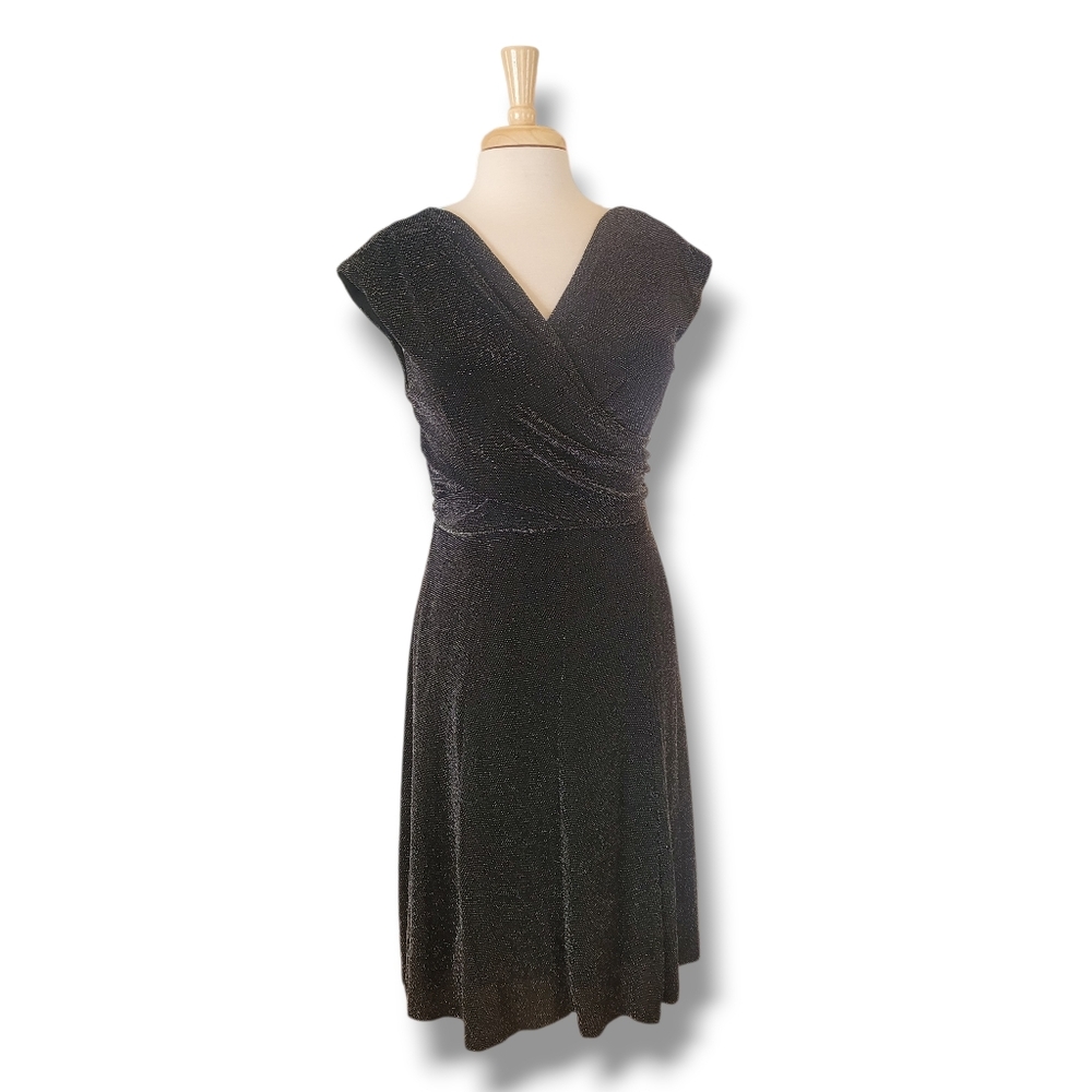 Jones New York Black Metallic Cross Over Sparkling Party Midi Dress. Size 10